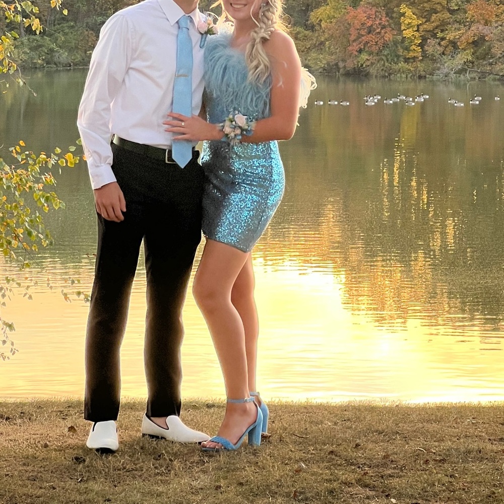Sherri Hill Light Blue Dress with Feather Accents #55103